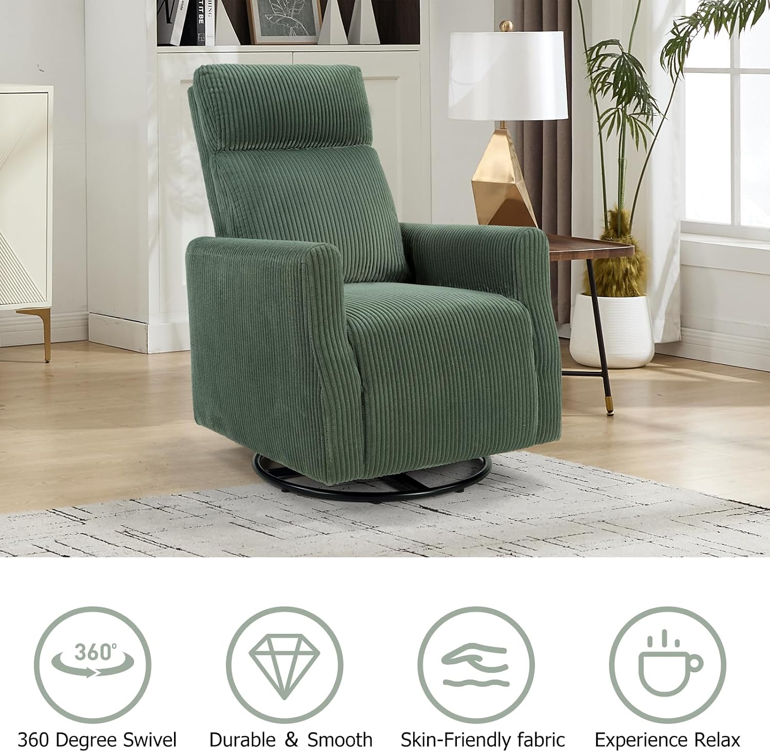 CANMOV Swivel Rocker Chair for Nursery, Swivel Accent Chair with High Back and Arms, Corduroy Glider Chair for Living Room Bedroom Nursery, Green