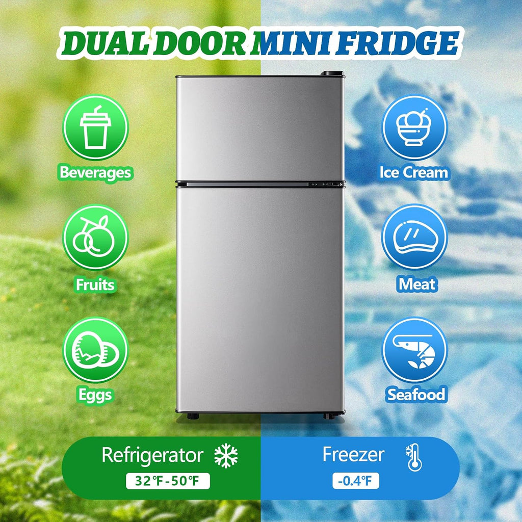 DEMULLER 2.4 Cu.ft Mini Fridge with Top Freezer Apartment Size Dual Door Compact Refrigerator for Personal Use Small Fridge with Egg tray, 7 Temperature Control For Dorm, Silver