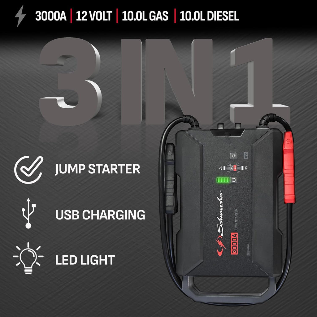 Schumacher Electric 3000A Lithium Car Battery Jump Starter and Portable Power Pack/Jump Box, 3-in-1 Solution, 2.4A USB Charging, for 12V Power Sport, Automotive, and Marine Batteries, SL1653