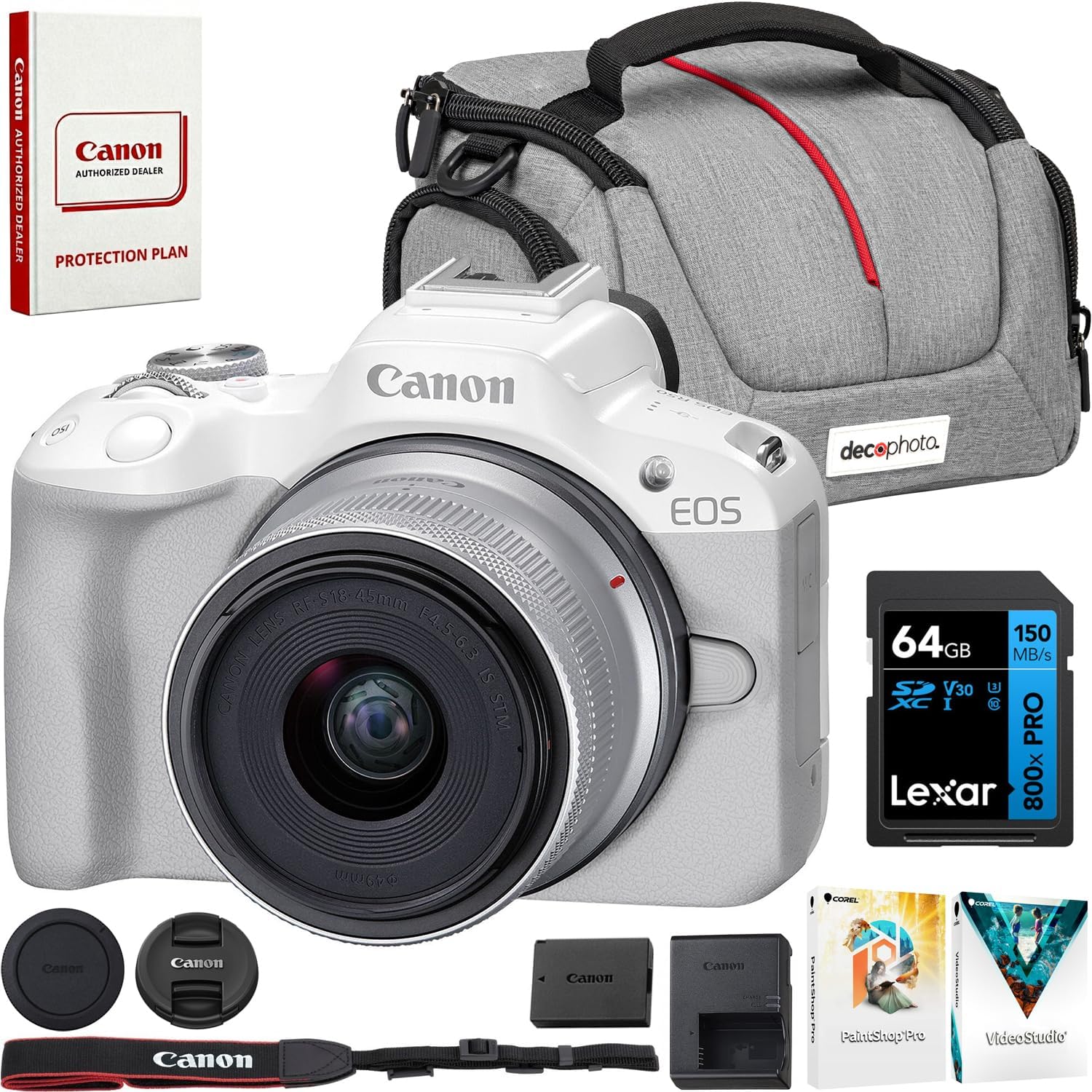 Canon EOS R50 Mirrorless Camera + RF-S 18-45mm F4.5-6.3 is STM Lens White 5812C012 Bundle w/Lexar Premium PRO Blue Series 64GB SDXC Memory Card + Deco Essentials Camera Bag + Corel Photo Video Suite