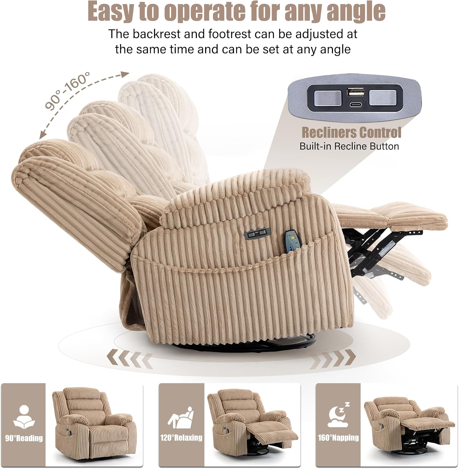 SINCRUMI Power Swivel Rocker Recliner Chair for Adults with Vibration and Heat, USB and Type-C Charging Port, Infinite Position, Electric Glider Rocking Chairs for Living Room, Nursery, Light Camel