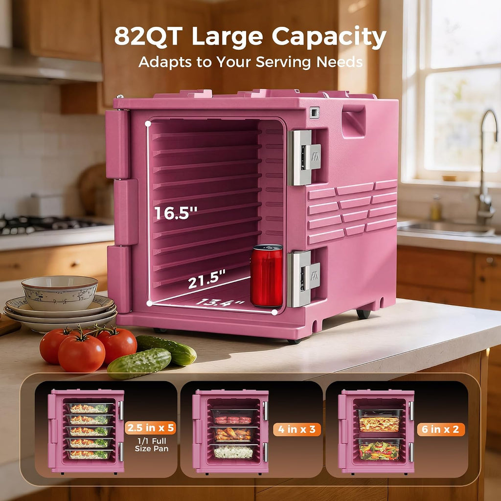 CAMMOO Pink 82QT Non-Electric Hot Box Food Warmer with Wheels, 304 Stainless Steel Latch, Insulated Food Carrier for 5 Full-Size Pans(NOT Included), Food Warmer Box Hot Boxes for Catering