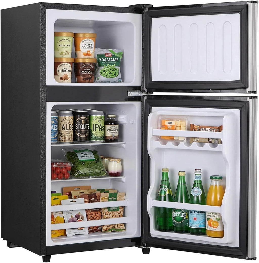 3.2 Cu.Ft Mini Fridge with Freezer, 2 Door Small Refrigerator with Adjustable Thermostat Energy-efficient Low Noise, Compact Fridge for Bedroom, Office, Dorm, Pewter