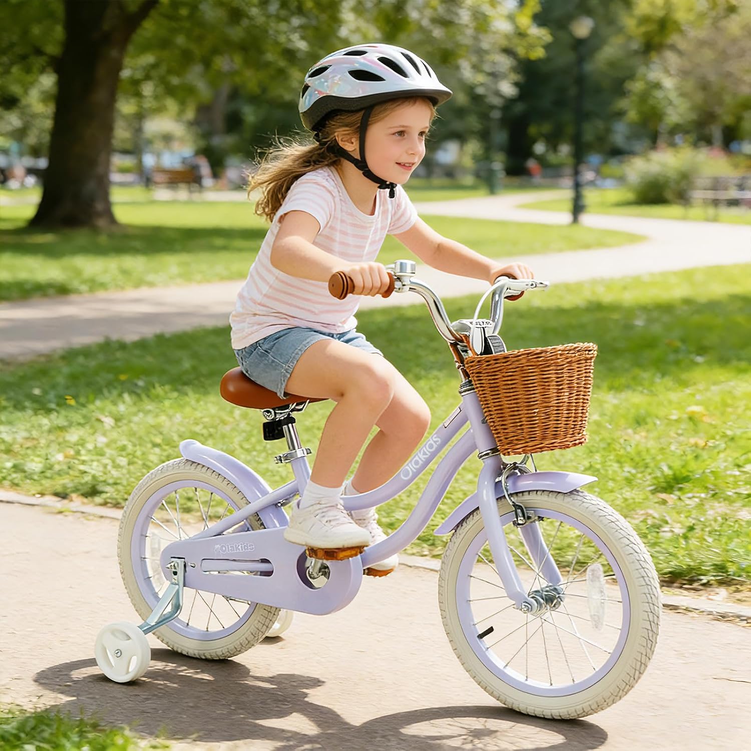 Olakids Kids Bike, 12 14 16 18 20 Inch Toddlers Bike with Training Wheels Rattan Basket Safety Bell Adjustable Seat and Handlebar, Children's Bicycle for Girls Boys