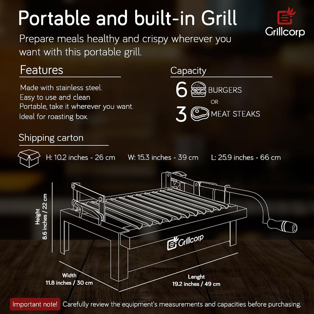 Junior Argentine Grill – Portable & Built-in 100% Stainless Steel BBQ with Lifting System & Drip Pan – Fits Junior Grillcorp Roasting Box – Outdoor Cooking & Camping Accessory