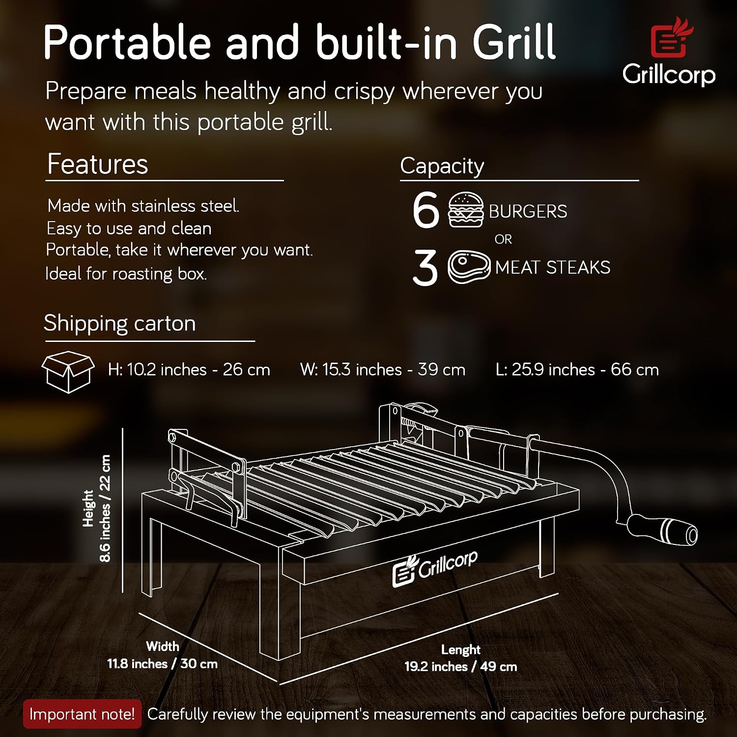 Junior Argentine Grill – Portable & Built-in 100% Stainless Steel BBQ with Lifting System & Drip Pan – Fits Junior Grillcorp Roasting Box – Outdoor Cooking & Camping Accessory