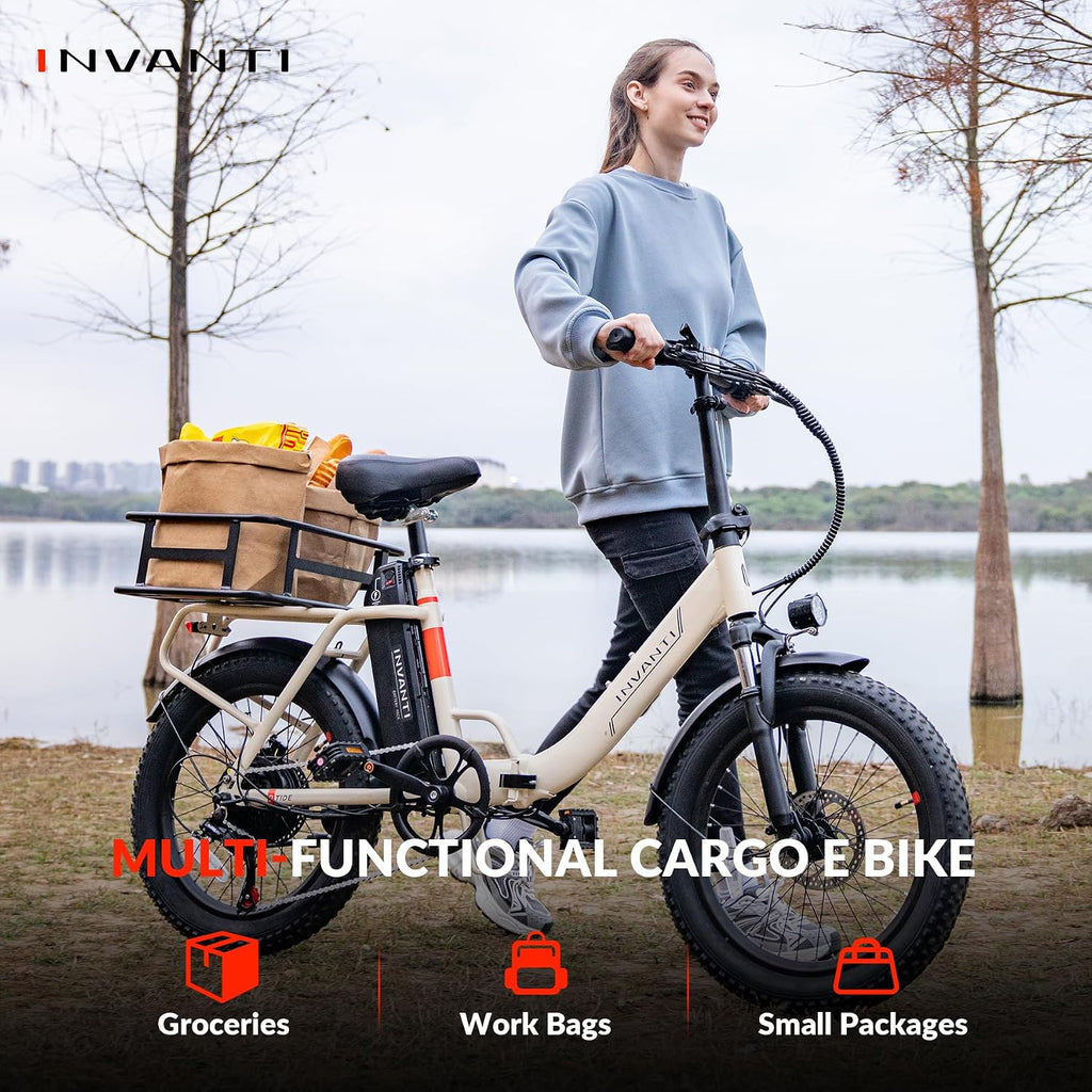 INVANTI Foldable Electric Bike, 1000W Peak Motor Ebikes for Adults, 25MPH Top Speed 45Miles, 20' Step-Thru Fat Tire E-bike for All Terrains with Rear Rack, 7-Speed & Front Suspension Commuting Bicycle