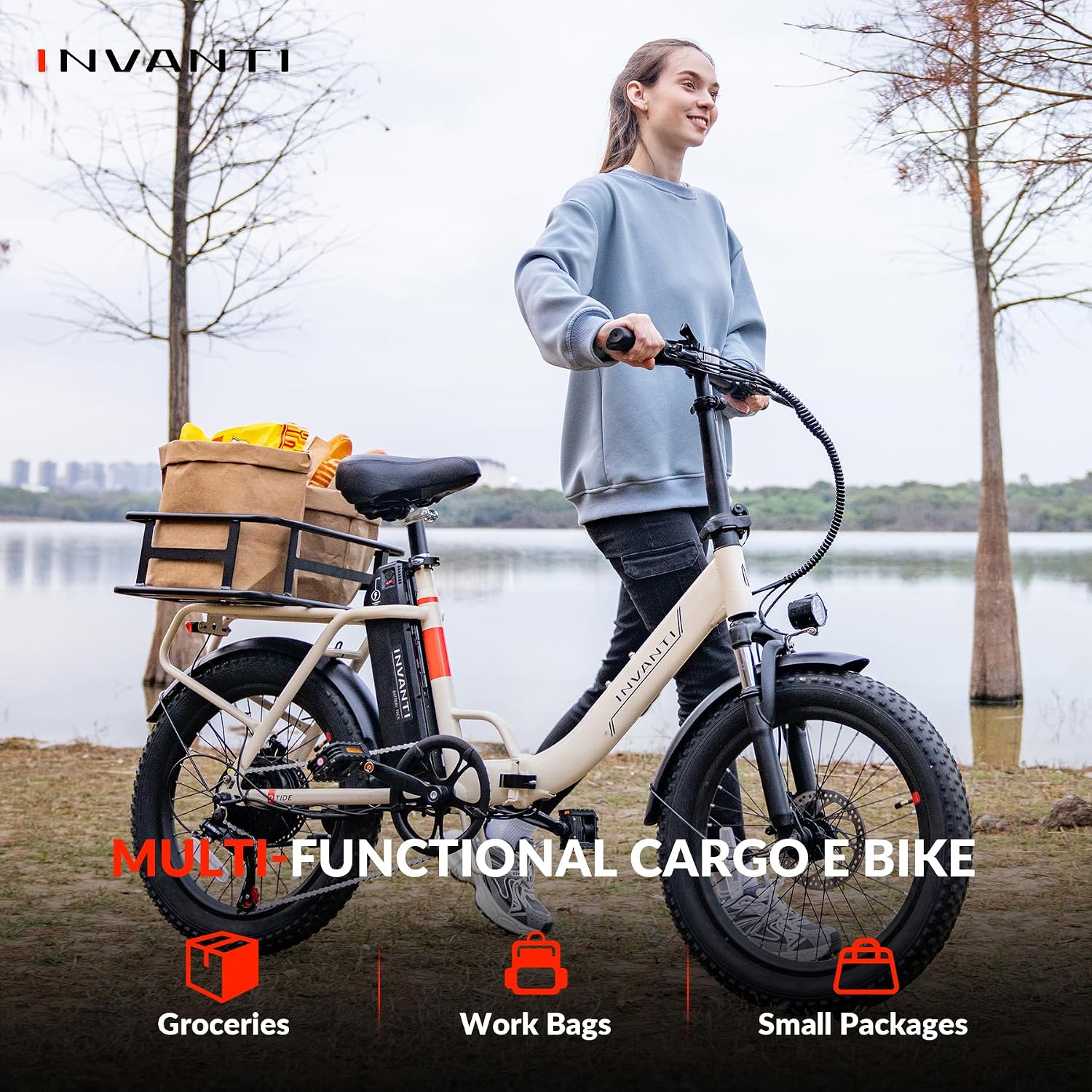 INVANTI Foldable Electric Bike, 1000W Peak Motor Ebikes for Adults, 25MPH Top Speed 45Miles, 20' Step-Thru Fat Tire E-bike for All Terrains with Rear Rack, 7-Speed & Front Suspension Commuting Bicycle