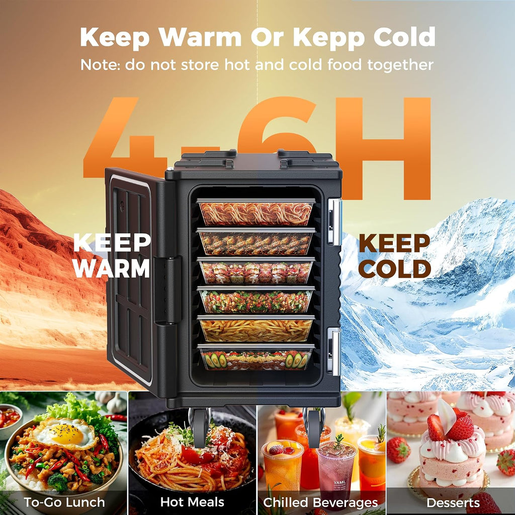 CAMMOO 95QT Non-Electrical Catering Food Warmers with Swivel Casters, 304 Stainless Steel Latch, Insulated Food Carrier for 6 Full-Size Pans(NOT INCLUDED), Food Warmer Hot Boxes for Catering BBQ Event