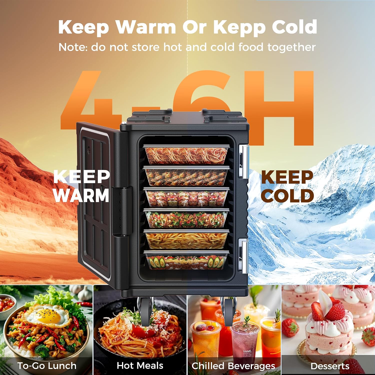 CAMMOO 95QT Non-Electrical Catering Food Warmers with Swivel Casters, 304 Stainless Steel Latch, Insulated Food Carrier for 6 Full-Size Pans(NOT INCLUDED), Food Warmer Hot Boxes for Catering BBQ Event