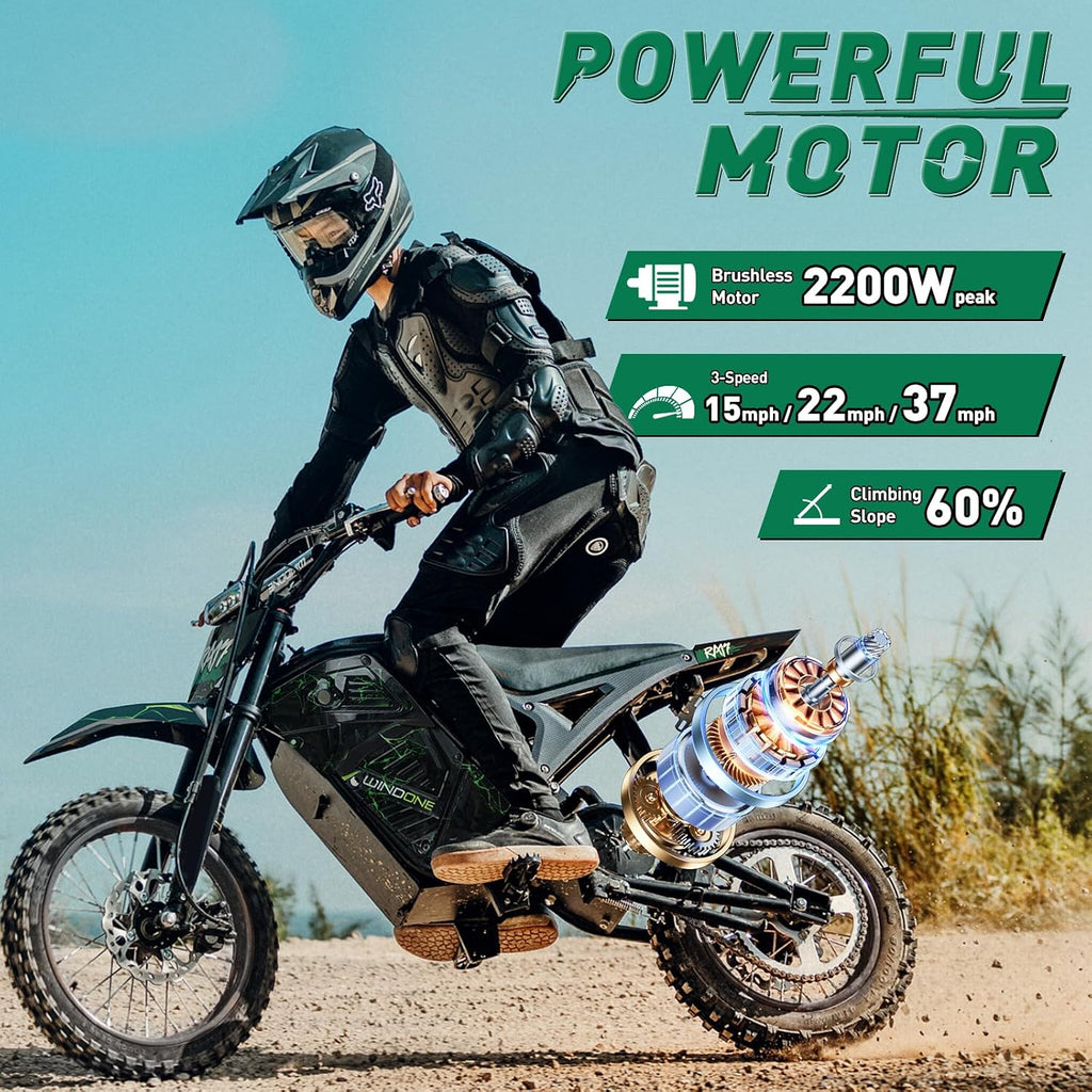 Windone RM7 Electric Dirt Bike for Teens & Adults, 48V 22.5Ah, 37MPH & 45-Mile Electric Motorcycle, 2200W Ebike, 14'/12' Off-Road Tire E-Bike, Dual Hydraulic Brakes, Full Suspension, Fit Age 13+