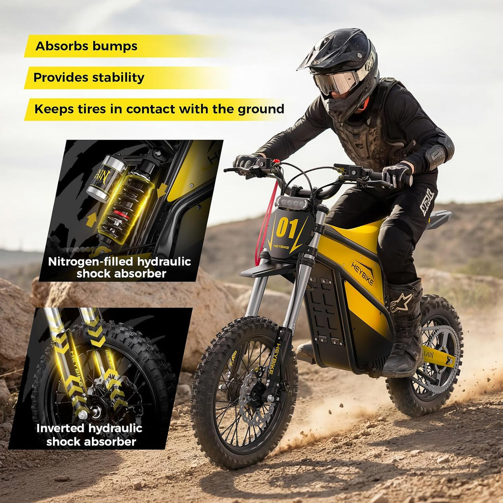 Heybike Villain Electric Dirt Bike with 4160W Motor 1352WH Battery, Up to 45 MPH, 50 Miles Range, 14'/12' Fat Tire Electric Bike with Hydraulic Brakes&Dual Suspension, Off-Road E-Bike