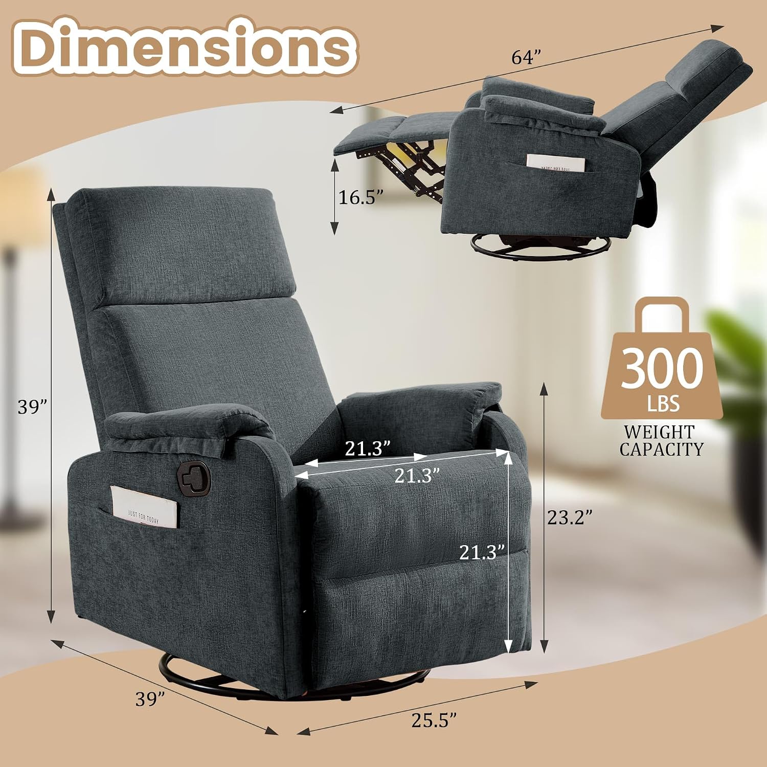 Korser Recliner Chair, Swivel Rocking Recliner Chair for Adults, Glider Rocking Chair, Small Nursery Chair Recliner for Living Room, Reclining Chair with Modern-Designed Armrests,Chenille,Darkgrey