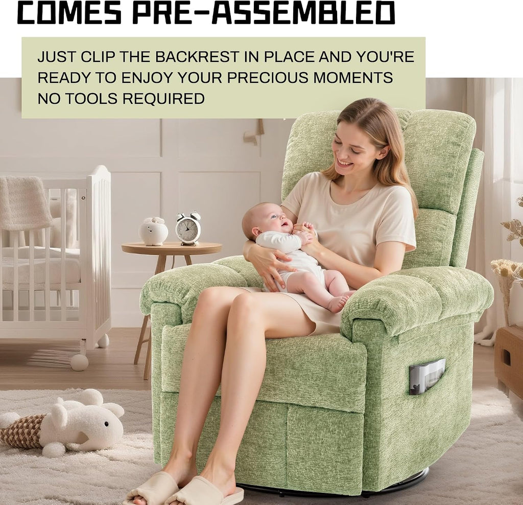 Korser Recliner Chair, Swivel Rocker Recliner Chair for Adults, Small Recliners for Small Spaces, Upholstered Manual Recliner with Side Pockets, Nursery Rocking Chair for Living Room, Chenille, Green
