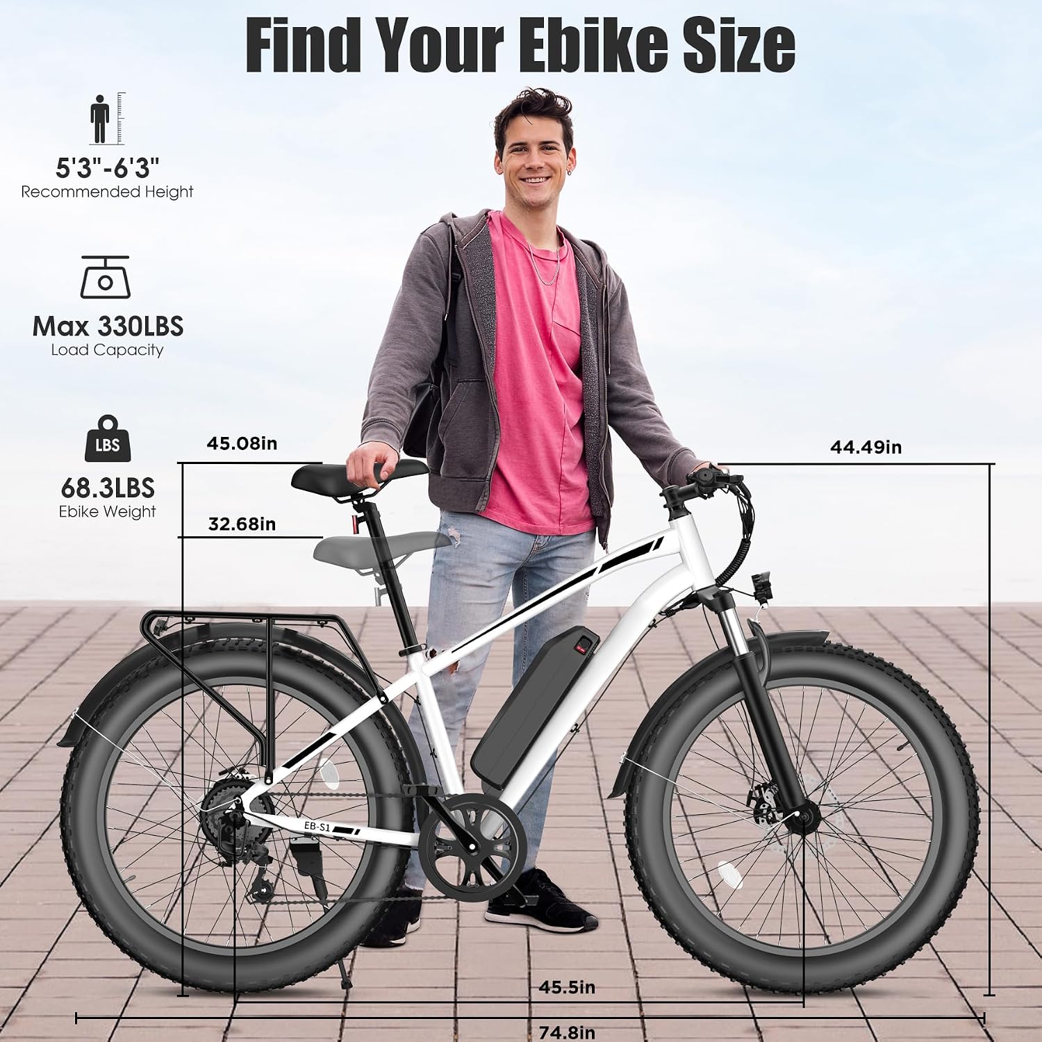 Electric Bike for Adults, 1000W Peak 20MPH 60Miles Ebike,48V 13AH Battery Electric Mountain Bike, 26' x 4'' Fat Tire Electric Bicycle with Rear Rack, Fenders, 7 Speed, UL 2849 Certified