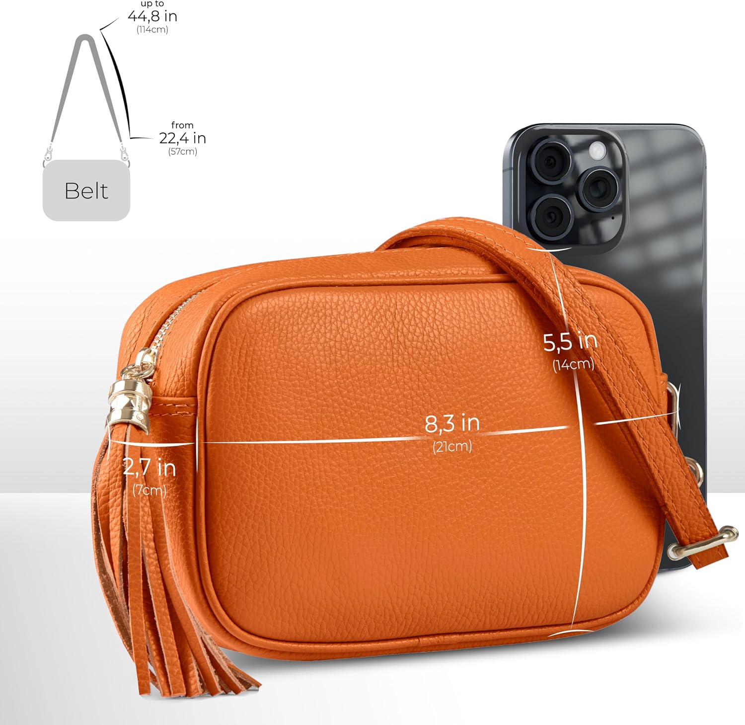 Italian Calf Leather Crossbody Bag for Women with Tassel Zipper | Small Camera Purse Shoulder Handbag Pocketbook