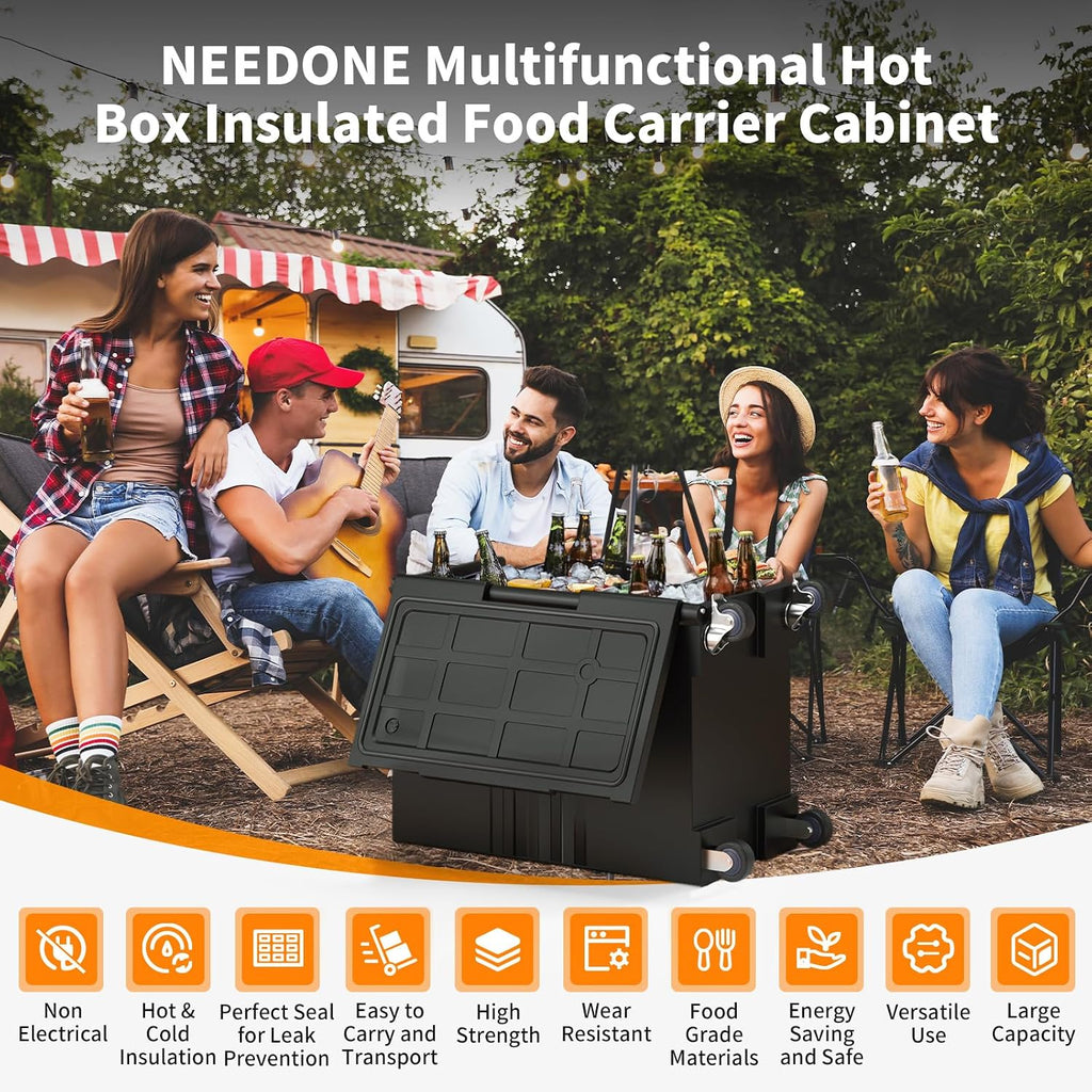 NEEDONE Food Warmer, 127 Qt Hot Box LLDPE Insulated Food Pan Carrier for Hot/Cold Food, w/Lockable Wheels, Double Buckles, Handles,Vent Hole, for Catering Restaurants Camping Family Party