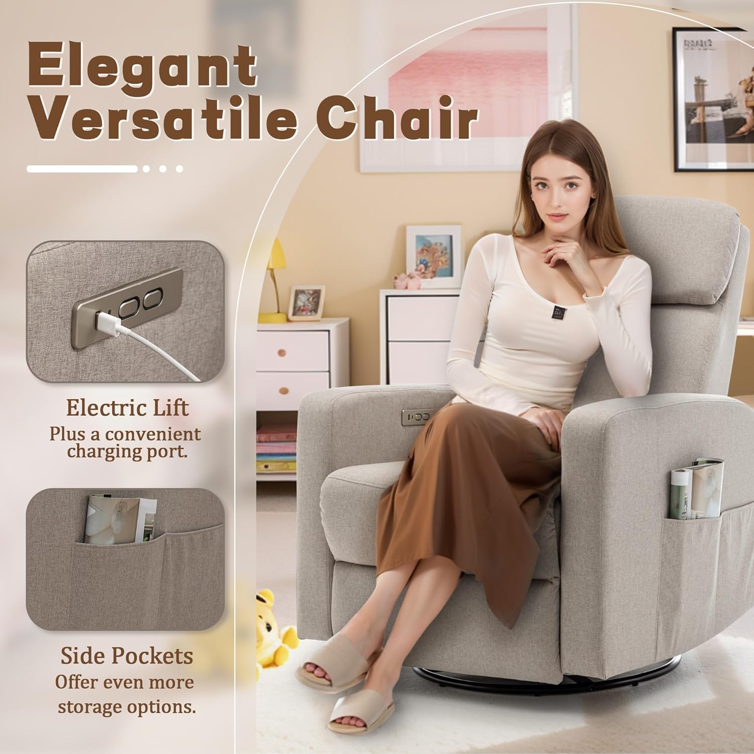 Korser Power Swivel Recliner Chairs for Adults, Electric Glider Rocking Chair Nursery, Glider Recliner Nursery Chair with Classified Side Pocket, Nursery Rocking Chairs with USB and Type-C Ports