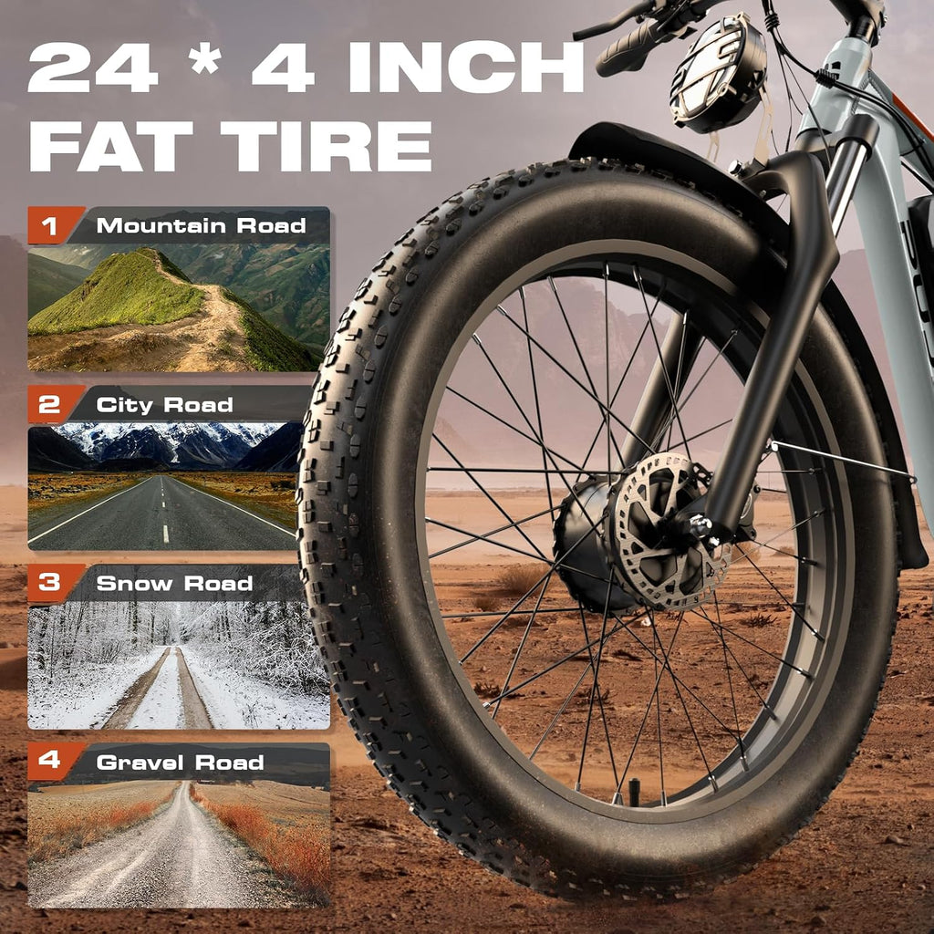 Electric Bike, 52V 25Ah 4000W Dual Motors, 24' Fat Tires Adult, 38mph Up to 110 Mile Range, Full Suspension, Hydraulic Brakes Class 3 Ebike, for Off-Road Mountain Riding Adventures