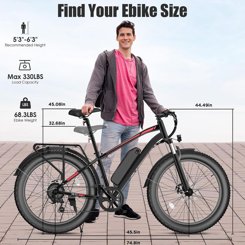 Electric Bike for Adults, 1000W Peak 20MPH 60Miles Ebike,48V 13AH Battery Electric Mountain Bike, 26' x 4'' Fat Tire Electric Bicycle with Rear Rack, Fenders, 7 Speed, UL 2849 Certified
