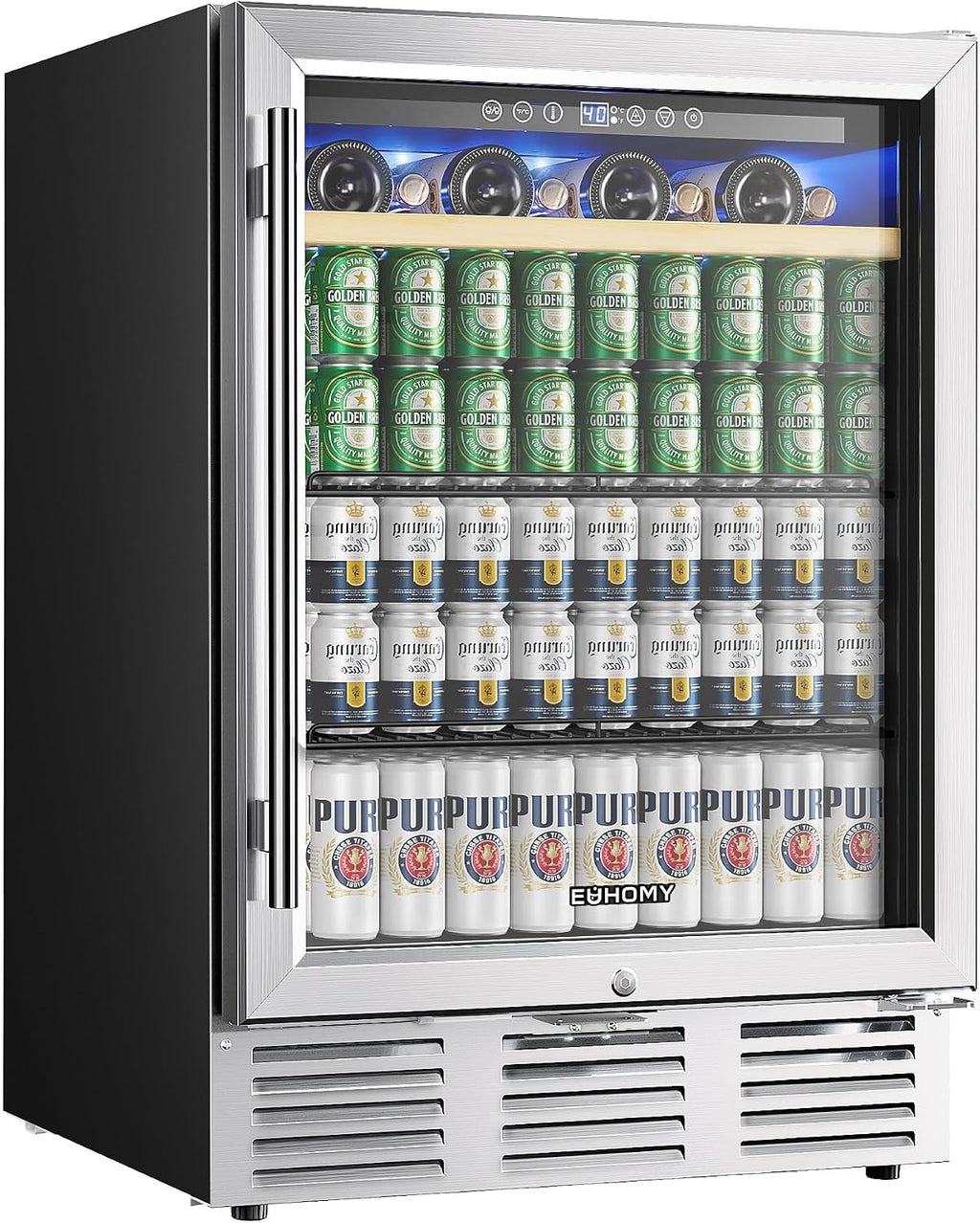 EUHOMY 24 Inch Wine and Beverage Refrigerator, 112 Cans & 8 Bottles Built-in or Freestanding Beverage Refrigerator Double-Layer Glass Door, Under Counter Wine Fridge for Kitchen, Bar, Office