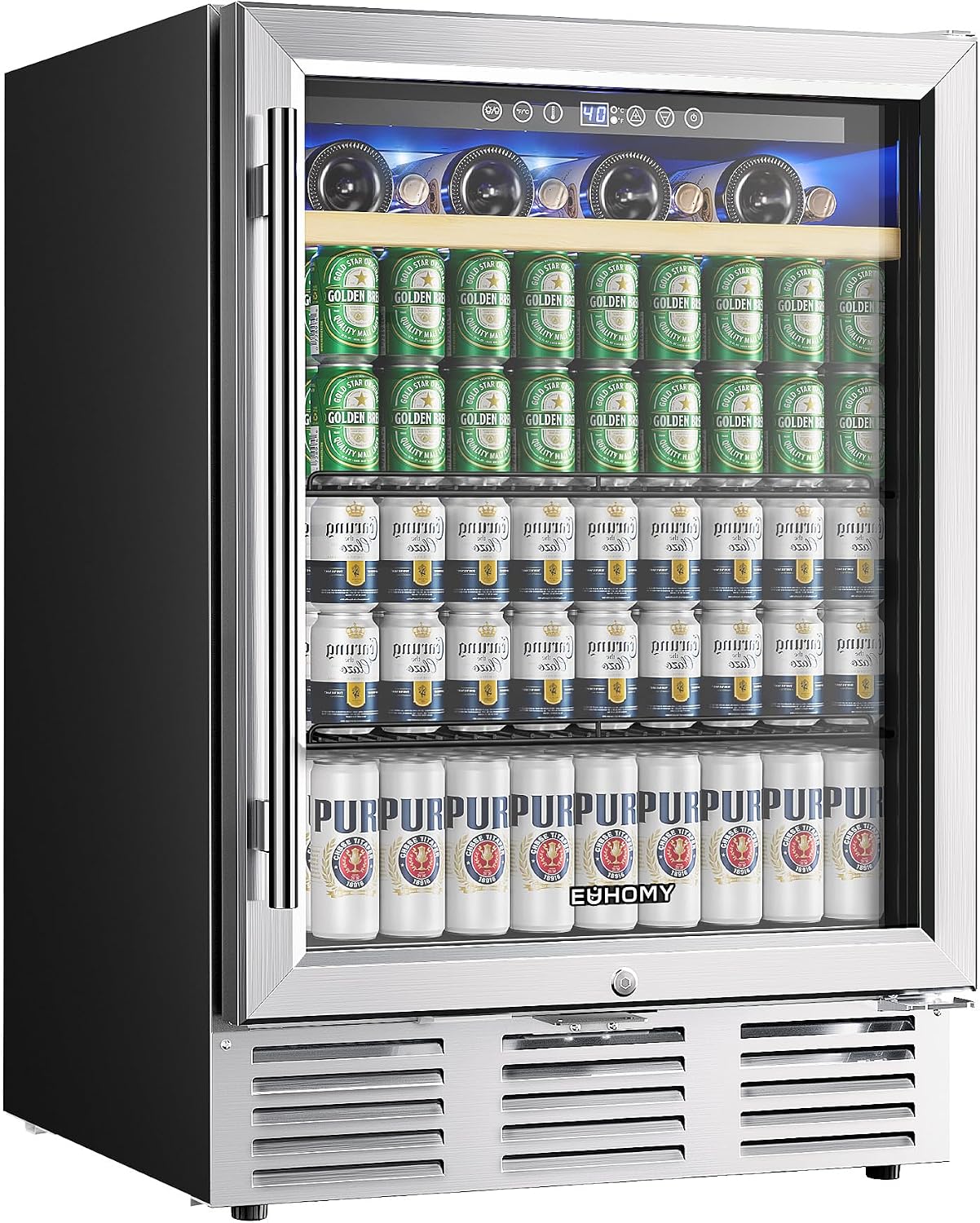 EUHOMY 24 Inch Wine and Beverage Refrigerator, 112 Cans & 8 Bottles Built-in or Freestanding Beverage Refrigerator Double-Layer Glass Door, Under Counter Wine Fridge for Kitchen, Bar, Office