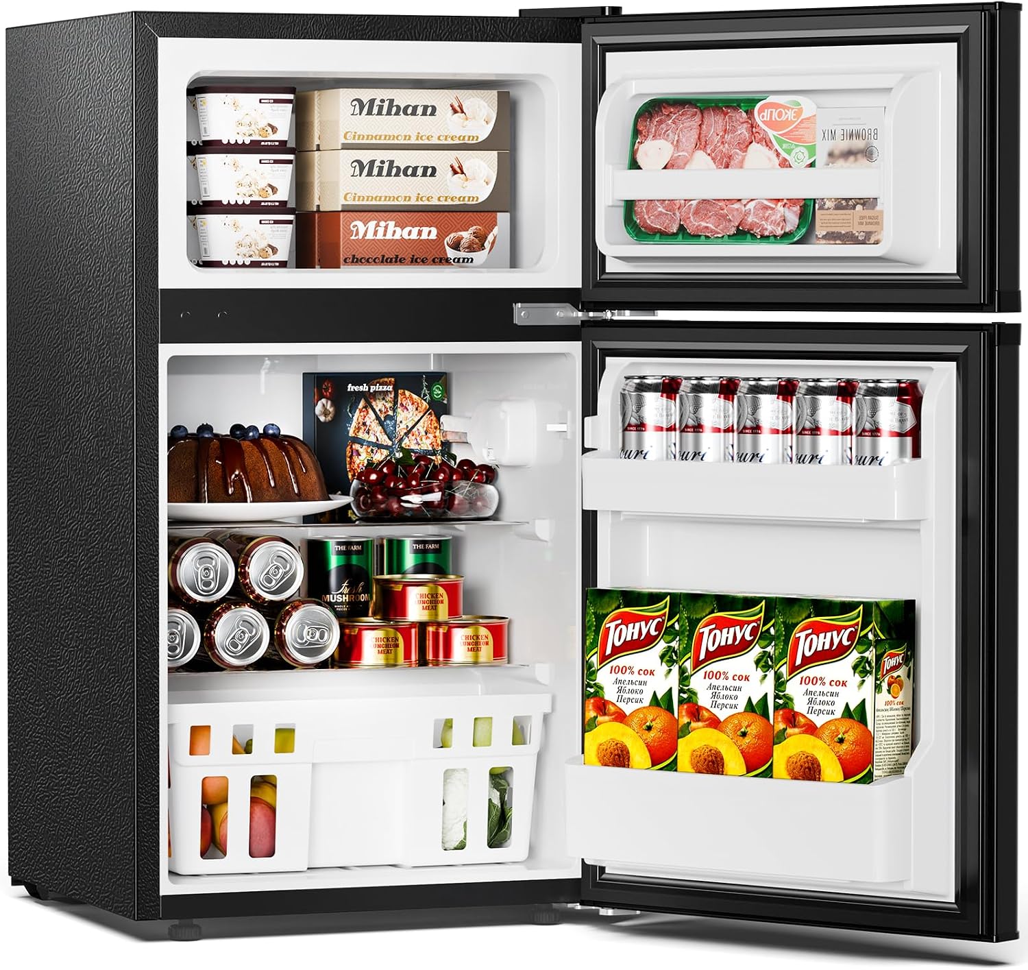Antarctic Star Mini Compact Refrigerator, 3.2 Cu.Ft. Separate Freezer Double 2-Door Adjustable Removable Shelves for Apartment/Dorm/Office,BLACK