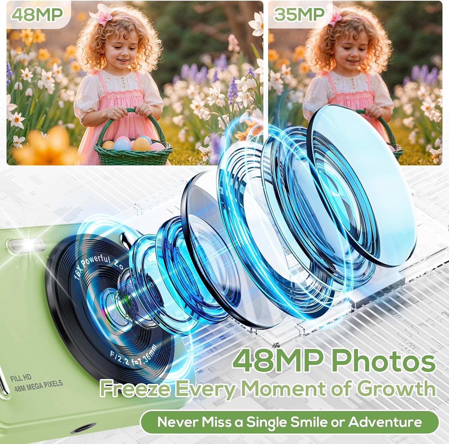 Digital Camera for Kids, WITYEAH 48MP FHD 1080P Point and Shoot Digital Cameras with 16X Zoom Anti-Shake, Compact Portable Cameras for Photography, for Boys Girls Teens Beginners,Green
