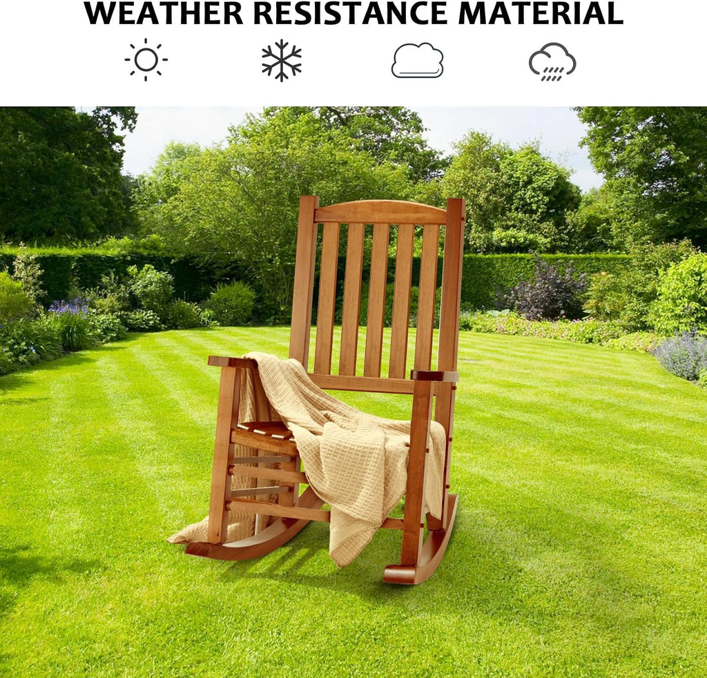 Hupmad Wooden Oversized Porch Rocker Chair with High Back and Armrest, All Weather Slatted Rocker for Backyard, Garden, 400 lbs Support, Natural