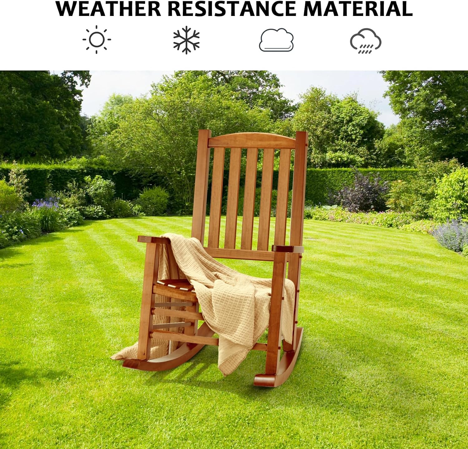 Hupmad Wooden Oversized Porch Rocker Chair with High Back and Armrest, All Weather Slatted Rocker for Backyard, Garden, 400 lbs Support, Natural