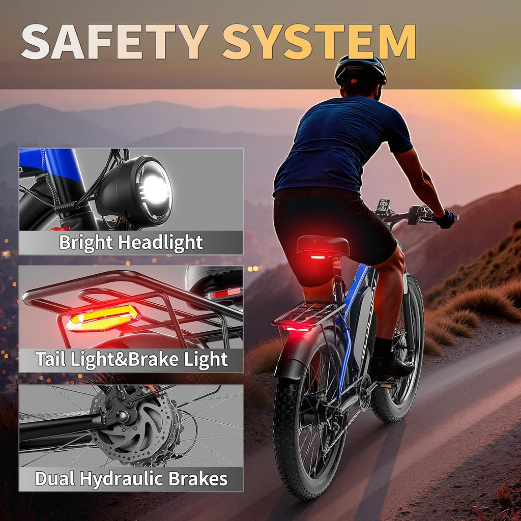 Dual Motor Electric Bikes for Adults, 6000W Peak Ebike, 52V 32Ah, Max 40-45 M P H &100 Miles E-Bike, Hydraulic Disc Brake, 26' Fat Tire Off Road Snow Mountain E-Bikes, 7-Speed Pedal Assist