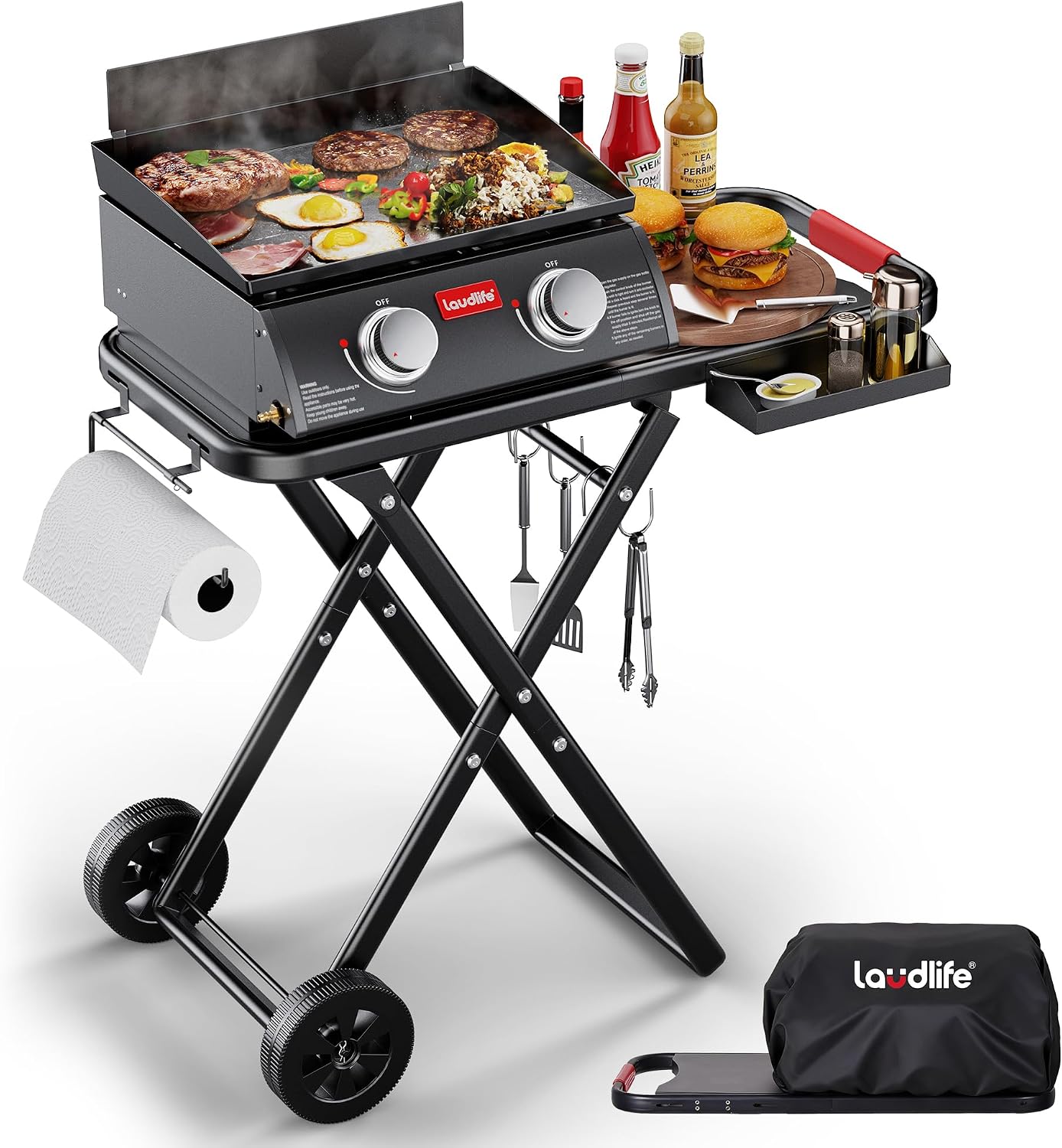 Laudlife Portable Propane Gas Griddle with Collapsible Stand, Non-Stick Enameled Cast Iron, 342 SQ.IN Cooking Space, 2 Burners Flat Top Griddles for Camping, Tailgating, Outdoor Cooking