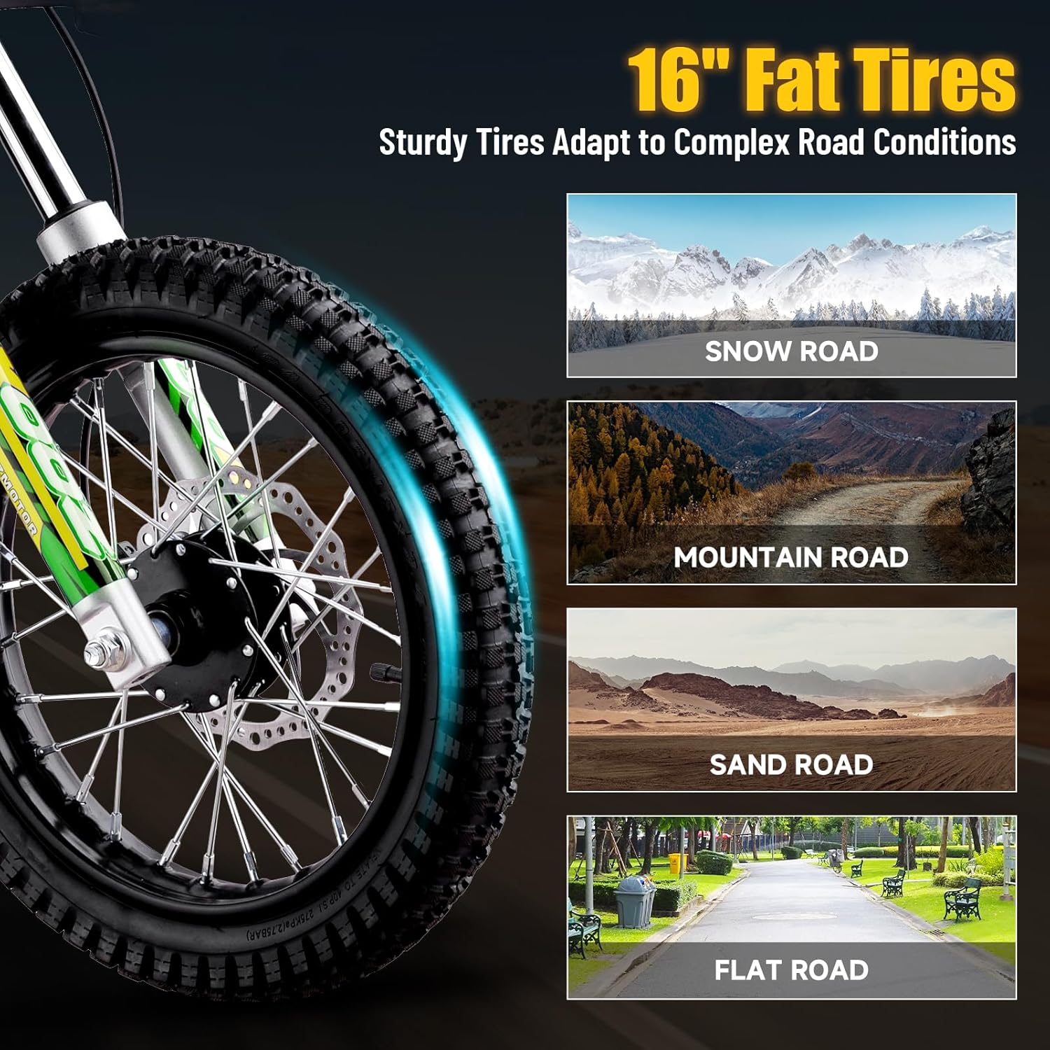 KOOZ HP112E 36V 1000W Electric Dirt Bike for Kids, 3 Speed Modes Teen Electric Motorcycle Up to 18 MPH & 15 Miles Long-Range, Dual Suspension & Disc Brake, 16' Sturdy Tire for Kids Teenagers, Green