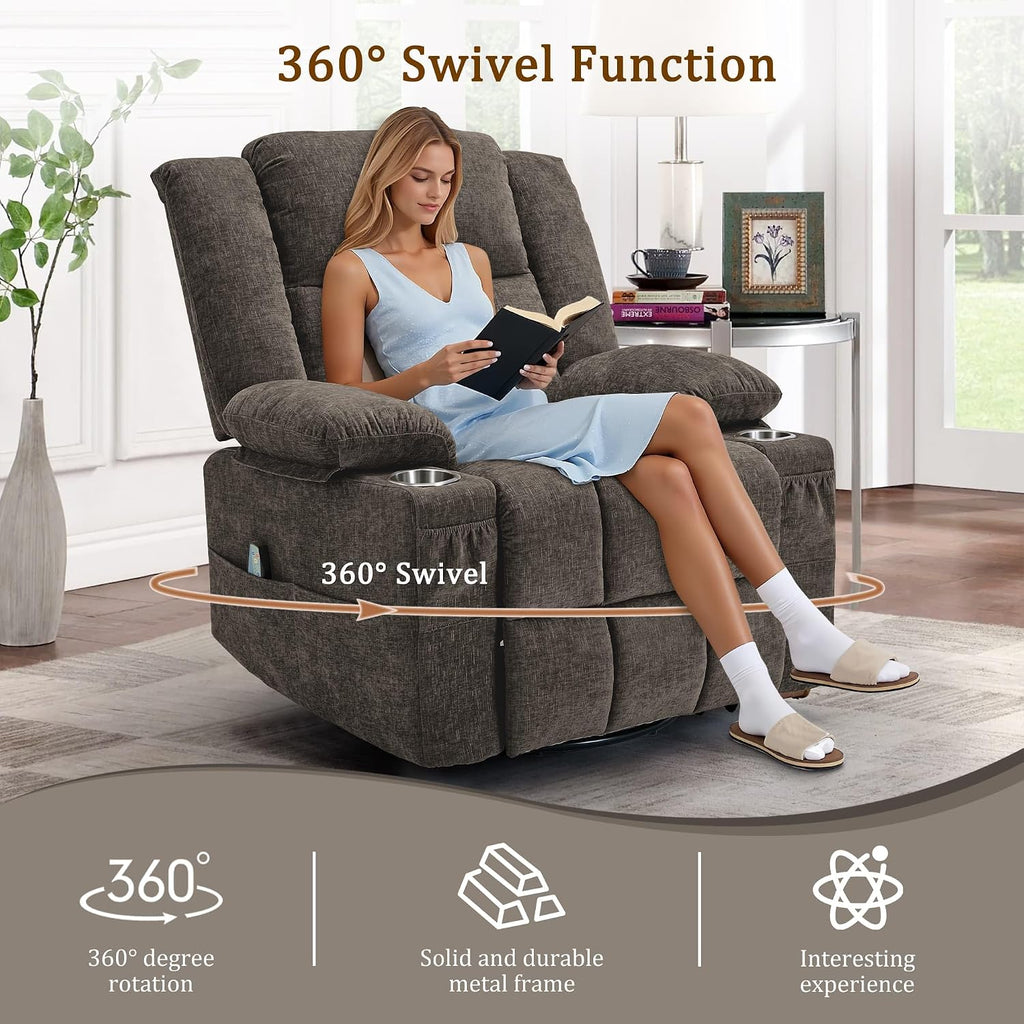 Korser 360° Swivel Rocker Recliner for Adults, Nursery Glider Recliner with Massage and Heating, Rocking Chair with Cup Holder, Manual Recliner Chair for Living Room, Bedroom (Fabric, Brown)