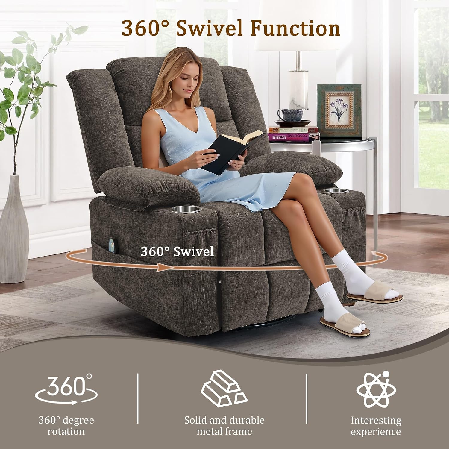 Korser 360° Swivel Rocker Recliner for Adults, Nursery Glider Recliner with Massage and Heating, Rocking Chair with Cup Holder, Manual Recliner Chair for Living Room, Bedroom (Fabric, Brown)