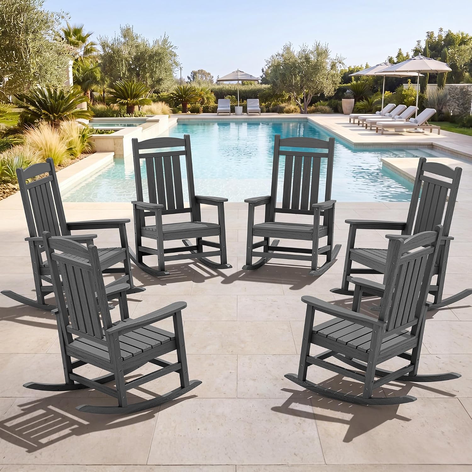 SERWALL Oversized Outdoor Rocking Chair Set of 6, HDPE Patio Rocking Chair, All-Weather Porch Rocker for Balcony, Yard, Dark Gray