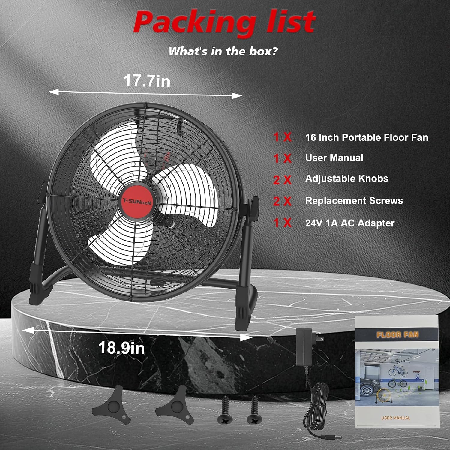 16' Battery Operated Floor Fan Compatible with Milwaukee M18 18V Battery, Portable Fan with AC Adapter and USB Output, Metal Industrial High Velocity, Stepless Speed Cordless Fan for Jobsite Garage