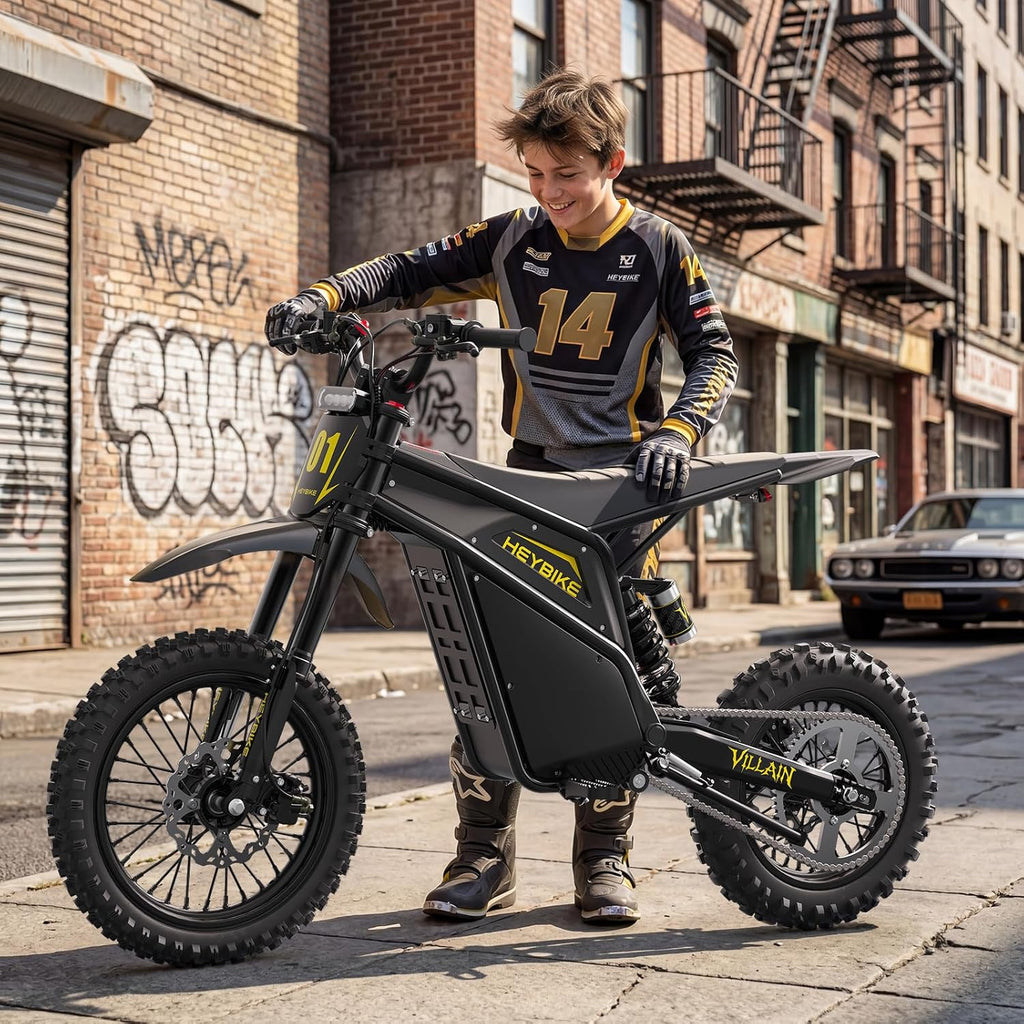 Heybike Villain Electric Dirt Bike with 4160W Motor 1352WH Battery, Up to 45 MPH, 50 Miles Range, 14'/12' Fat Tire Electric Bike with Hydraulic Brakes&Dual Suspension, Off-Road E-Bike