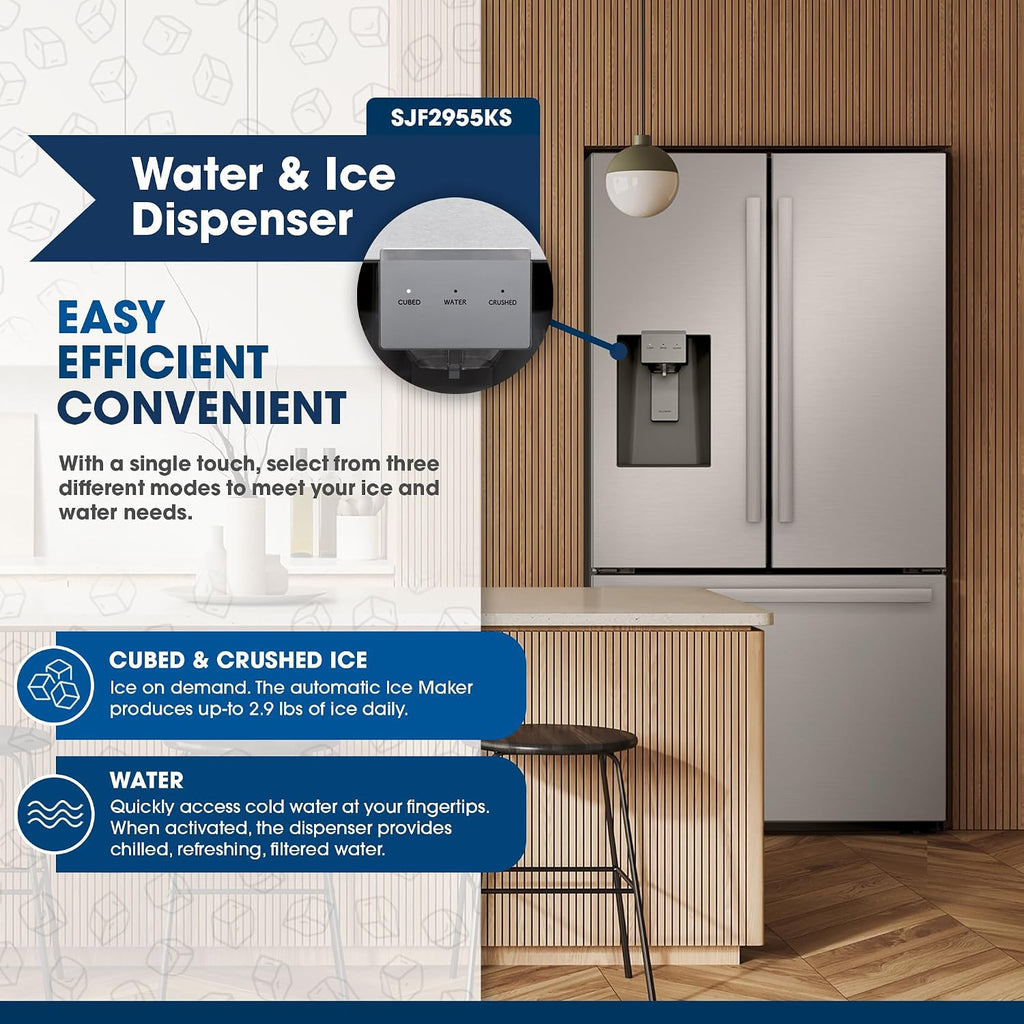Sharp SJF2955KS 28.9 cu. ft., 3-door French Door Refrigerator, Ice/Water Dispenser, Advanced Cooling Plus System, Chill-Boost & Freezer-Boost, Automatic Dual Ice Maker Garage Ready, Stainless Steel