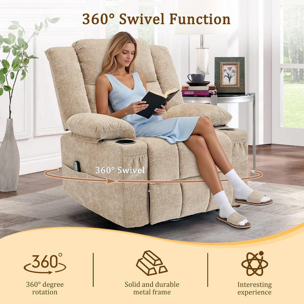 Korser 360° Swivel Rocker Recliner for Adults, Nursery Glider Recliner with Massage and Heating, Rocking Chair with Cup Holder, Manual Recliner Chair for Living Room, Bedroom (Fabric, Khaki)