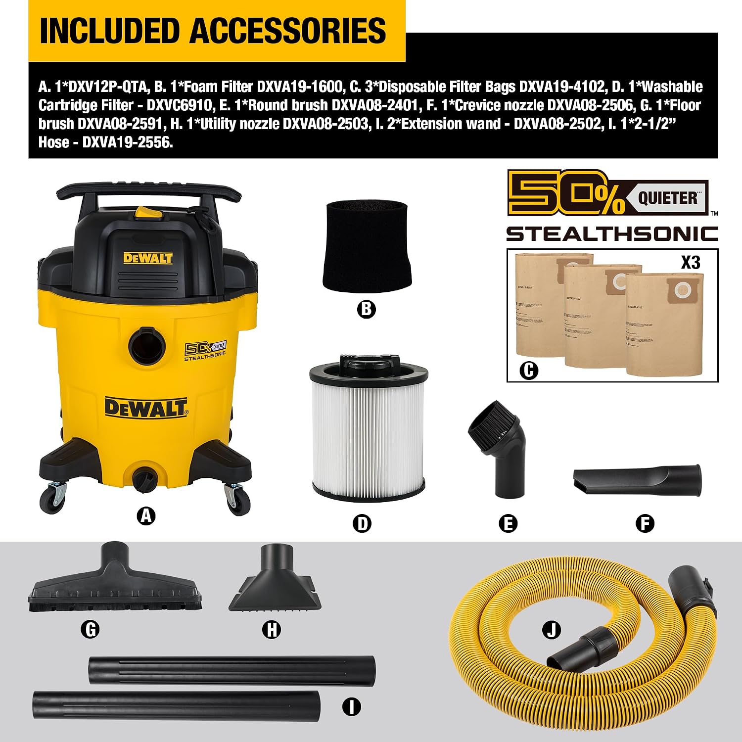 DEWALT 12 Gallon STEALTHSONIC Ultra Quiet Poly Wet Dry Vacuum, DXV12P-QTA Powerful Suction Noise Reduction Vac, 5.5 Peak HP Shop Vacuum for Jobsite/Workshop, Reduce Motor Noise, Yellow