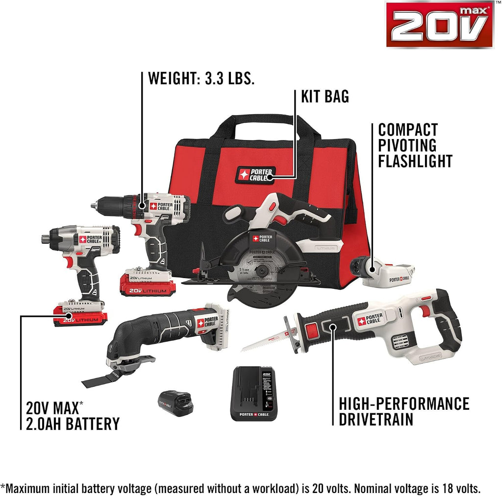 PORTER-CABLE 20V MAX* 6 Tools Combo Kit Cordless Drill Set, Impact Driver, Circular Saw, Reciprocating Saw, Oscillating Tool, Cutting Blade, Flashlight and USB Charger (PCCK617L6)