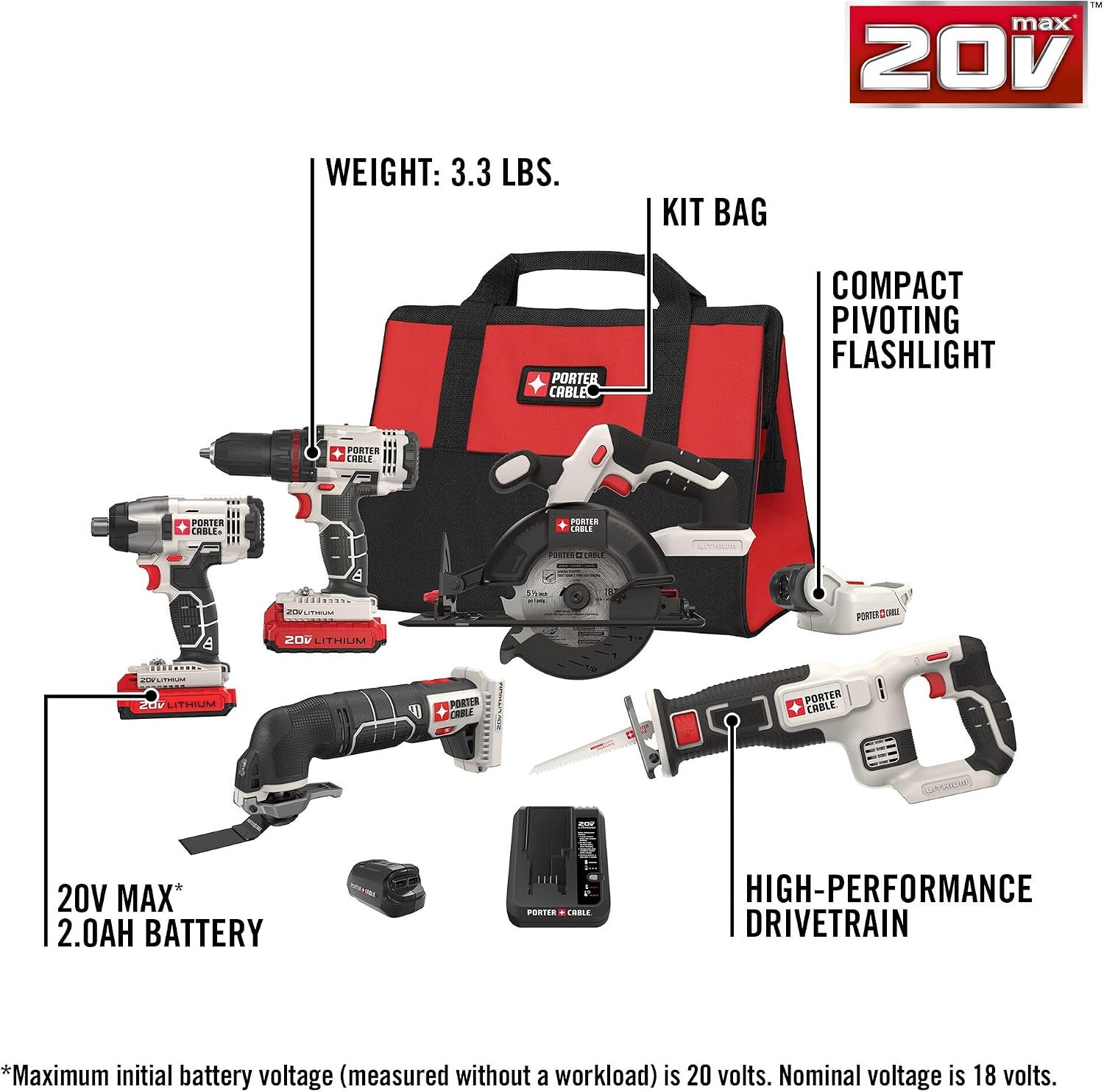 PORTER-CABLE 20V MAX* 6 Tools Combo Kit Cordless Drill Set, Impact Driver, Circular Saw, Reciprocating Saw, Oscillating Tool, Cutting Blade, Flashlight and USB Charger (PCCK617L6)