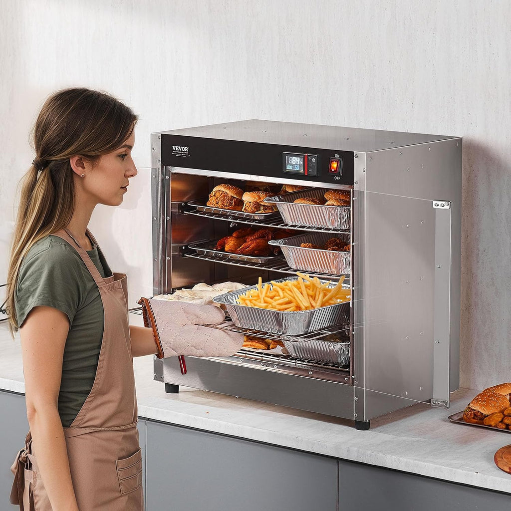 VEVOR Hot Box Food Warmer, 4-Tier Concession Warmer with Water Tray, 4 Pans, Glass Double-door and Adjustable Shelves, Stainless Steel Food Warmer Cabinet, Ideal for Storing Pizza, Chicken, Restaurant