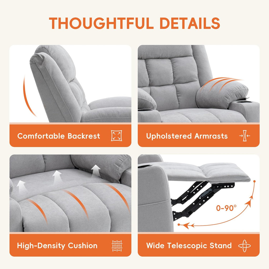 Ketaiyou Power Swivel Rocker Recliner Chair for Adults with Massage and Heat, USB and Type-C Ports, Infinite Position, Electric Glider Reclining Single Sofa Chair for Living Room (Light Grey)