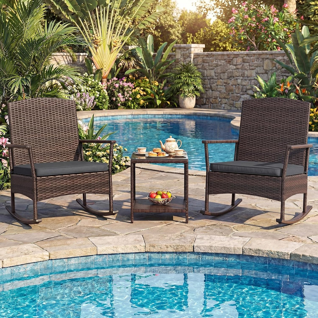 Tangkula 3 Pieces Rocking Wicker Bistro Set, Outdoor Front Porch Rocker Chairs Conversation Set with 2-Tier Tempered Glass Coffee Table and Thick Cushions for Garden, Balcony, Poolside (Gray)