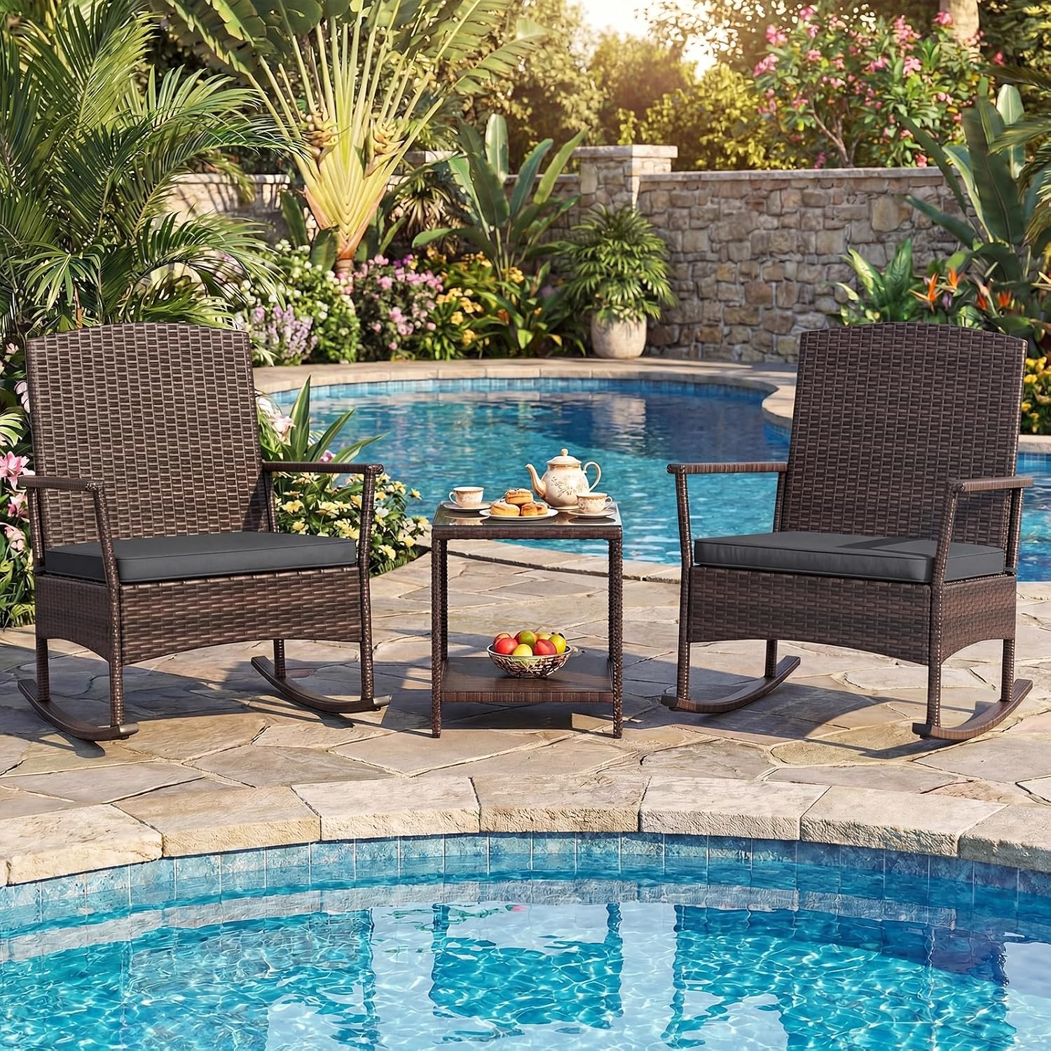 Tangkula 3 Pieces Rocking Wicker Bistro Set, Outdoor Front Porch Rocker Chairs Conversation Set with 2-Tier Tempered Glass Coffee Table and Thick Cushions for Garden, Balcony, Poolside (Gray)