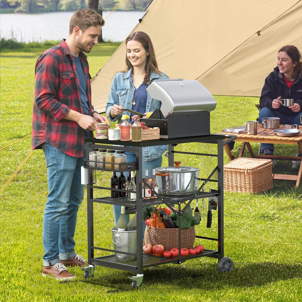 Ciokea Folding Outdoor Grill Cart with Wheels, Foldable Outdoor Grill Table with 27'x18' INCH Top, 3-Shelf Prep Table, Pizza Oven Stand, Metal Portable Kitchen Cart for BBQ Patio Camping (All Black)