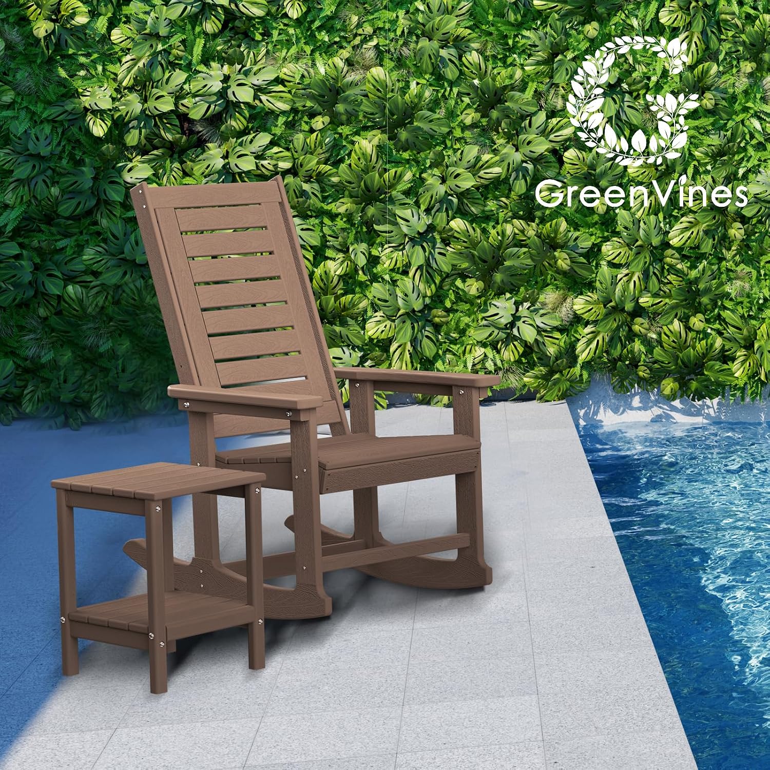 GREENVINES Outdoor Rocking Chairs | Porch Rocker | HDPE Plastic | Wood Grain | Oversized Rockers | High Back | Big & Tall | Ladder Back | Dark Brown | for Patio Outside