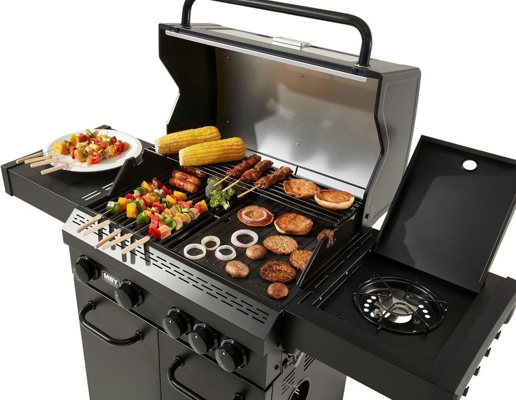 4 Burner Propane Gas Grill with 1 Side Burner, 50,000 BTU Outdoor BBQ Grill, Heavy-Duty Steel Construction, Cast Iron Cooking Grates & Griddle, Backyard Patio Barbecue